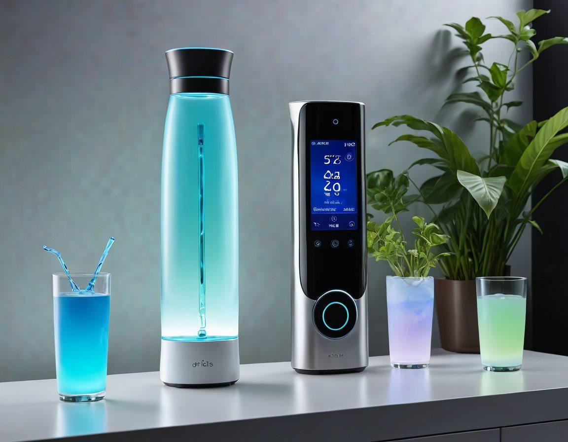 A futuristic water bottle with sleek design, integrated LED screen showing hydration levels, and surrounded by hydration tech gadgets like smart cups and water purifiers. Vibrant colors showcase the importance of hydration, while a backdrop of nature emphasizes healthy living. super-realistic. vibrant colors. 3D.