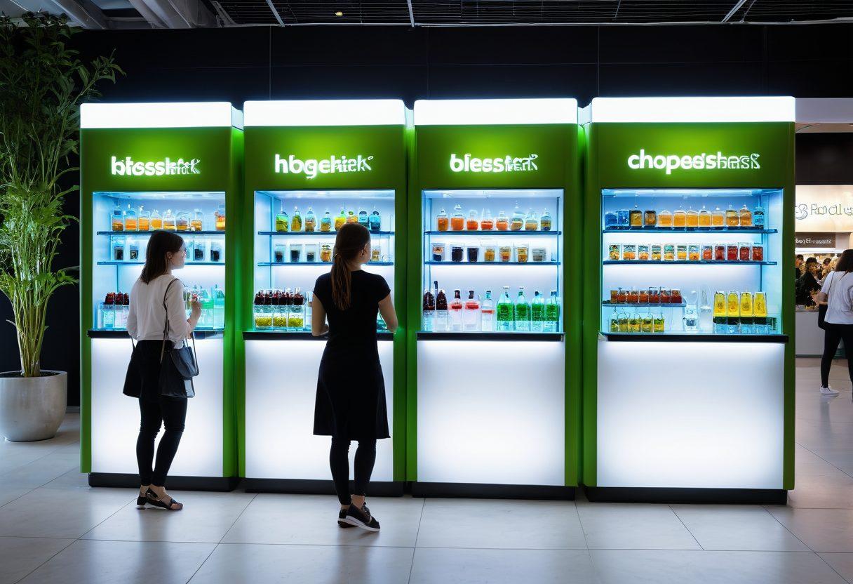 A futuristic marketplace showcasing innovative beverage kiosks with vibrant, healthy drinks in clear glass bottles, surrounded by health enthusiasts sampling products. Incorporate modern design elements like holographic displays, lush greenery in the background, and diverse individuals engaging in trade. Bright and inviting colors to evoke a sense of refreshment and wellness. super-realistic. vibrant colors. white background.