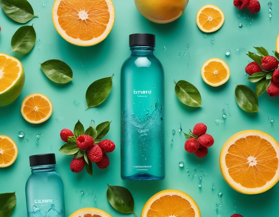 An array of innovative hydration solutions, including a smart water bottle with a digital display, infused drinks with vibrant fruits, a sleek water purifier, and eco-friendly reusable containers. The background should be lush and green, symbolizing health and wellbeing. Soft, refreshing water droplets should add a sense of movement and quenching thirst. super-realistic. vibrant colors. fresh and clean aesthetic.